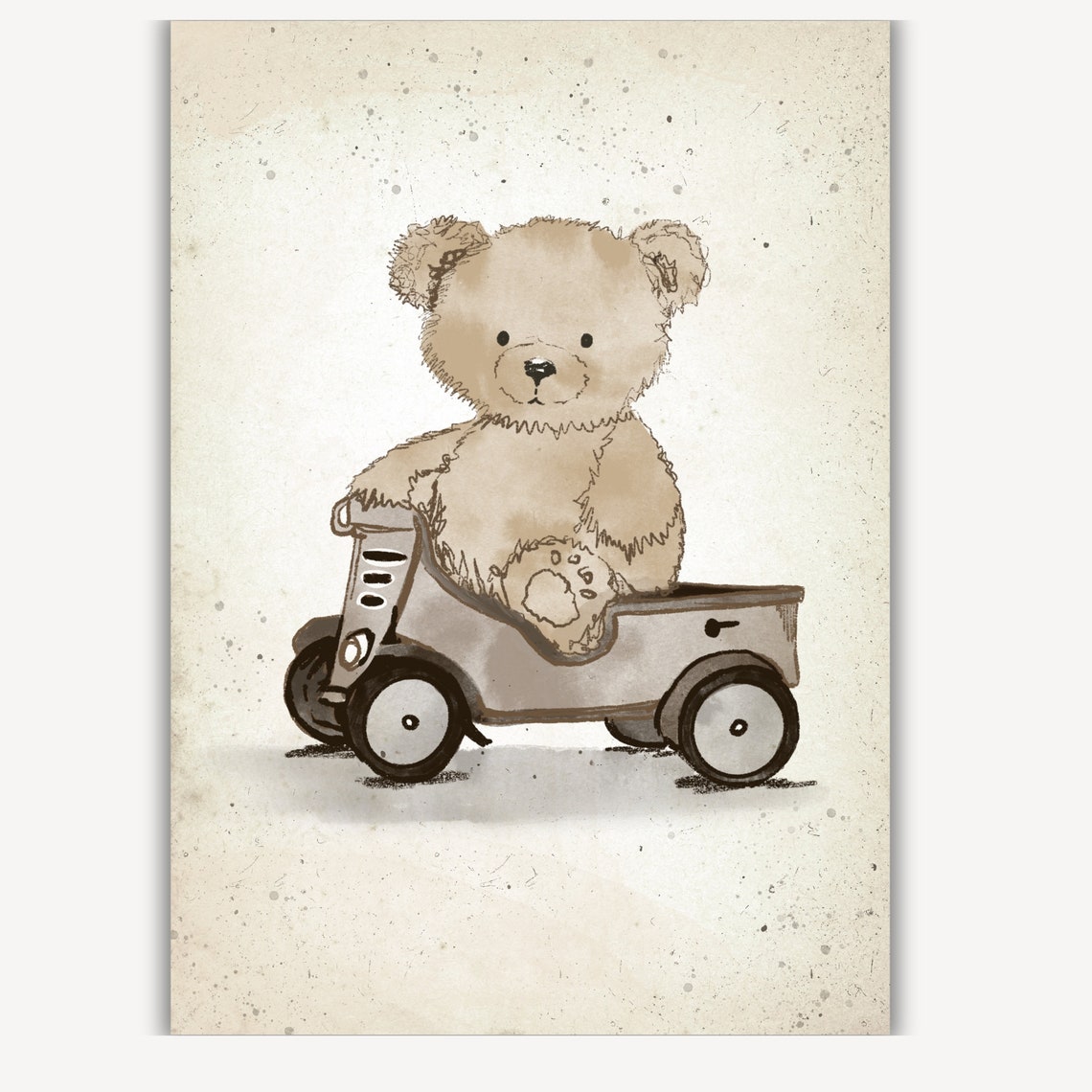 Teddy Bear Driving Vintage Car Sketch Nursery Toy Art Poster - Image 3