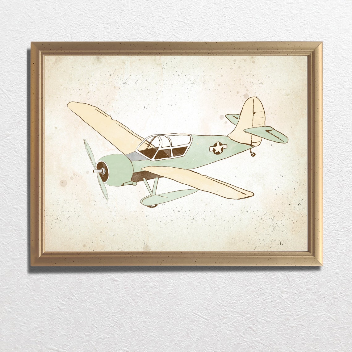 Vintage Mint Propeller Plane Nursery Sketch Star Roundel Print - Image 3