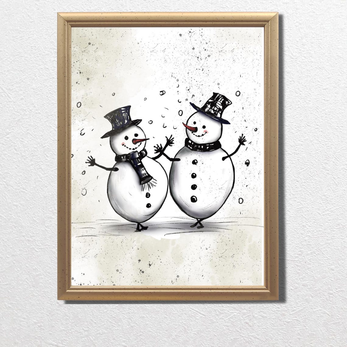 Two Joyful Snowmen Standing Arm in Arm Winter Watercolor Poster - Image 3
