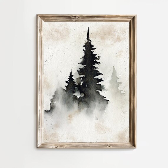 Misty Black Ink Pine Forest Winter Minimalist Watercolor Poster