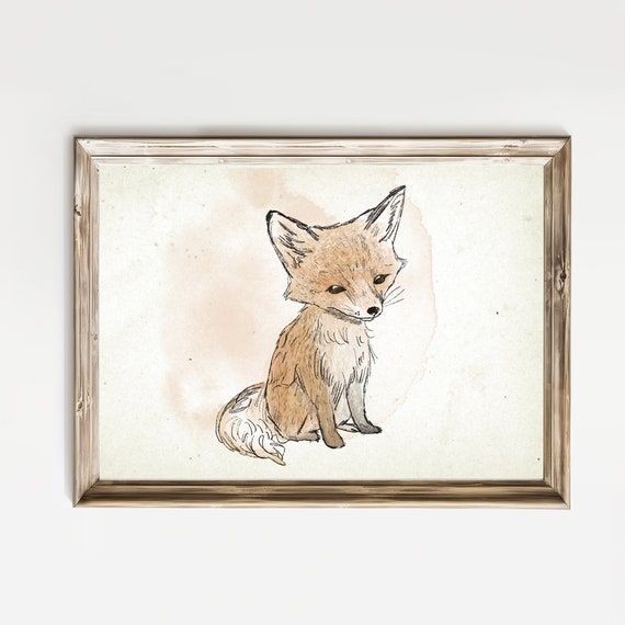 Vintage Nursery Baby Fox Print Woodland Animal Gallery Wall Art Gender Neutral Sketch Baby Room Decor