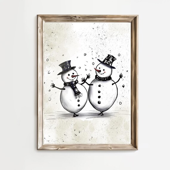 Two Joyful Snowmen Standing Arm in Arm Winter Watercolor Poster