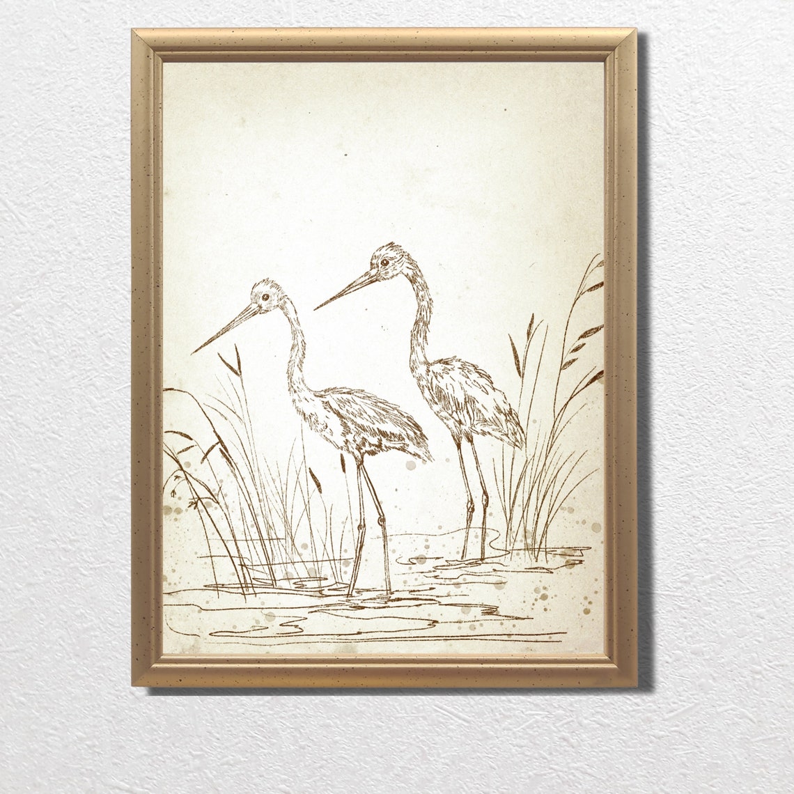 Two Herons Tall Marsh Grass Vintage Ink Sketch Bird Art Print - Image 3