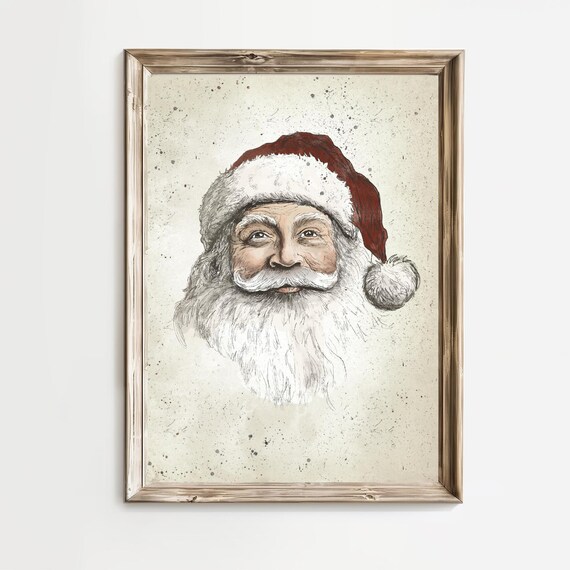 Santa Claus Face Portrait Red Santa Hat Watercolor Sketch Poster