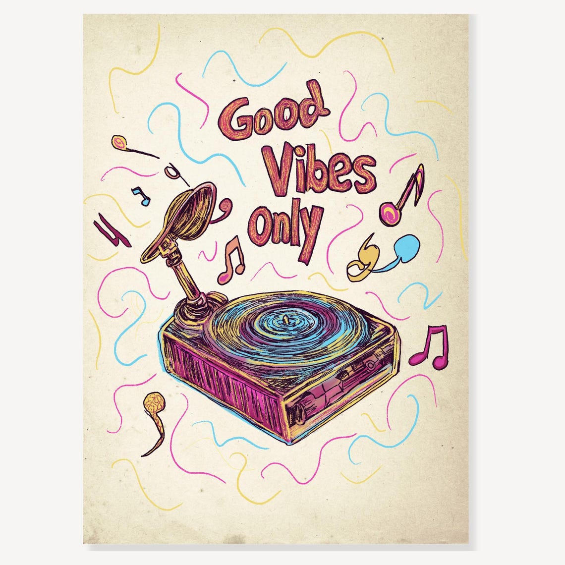 Good Vibes Only Retro Record Player Fun Music Quote Wall Poster - Image 2