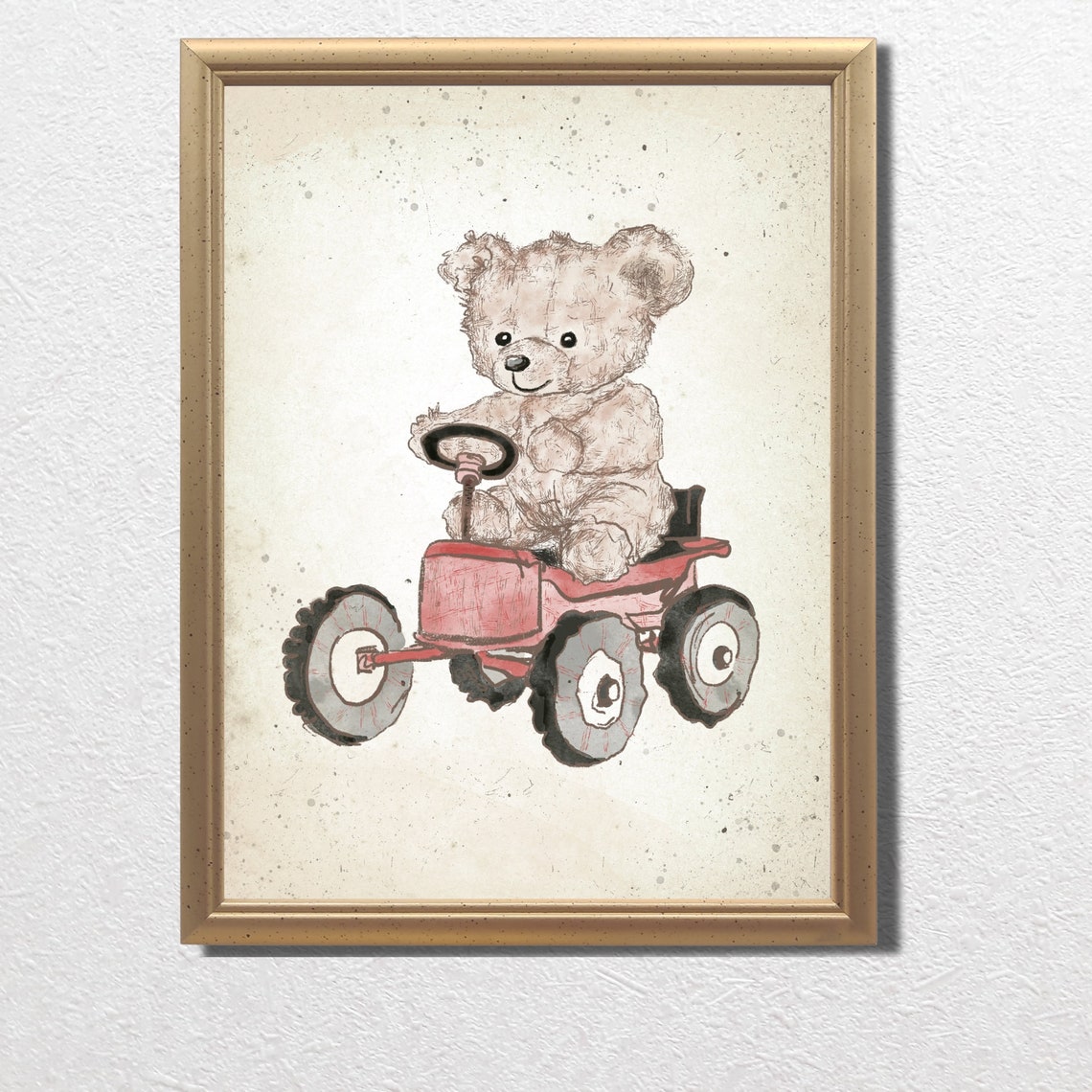 Teddy Bear Driving Red Tractor Sketch Farm Nursery Toy Poster - Image 3