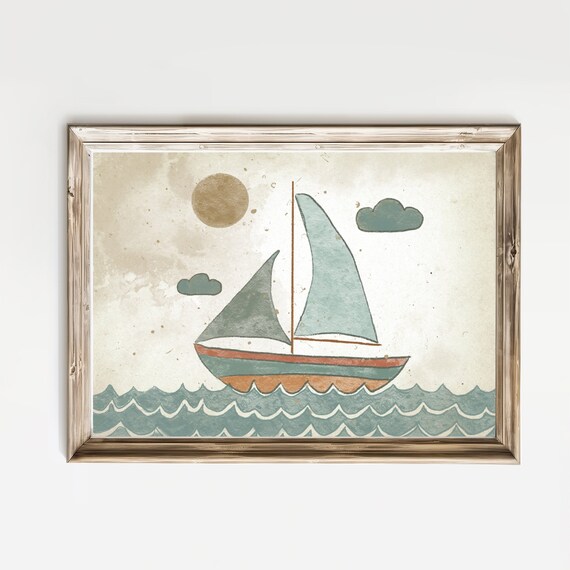 Sailboat Ocean Waves Vintage Nursery Illustration Kids Room Poster