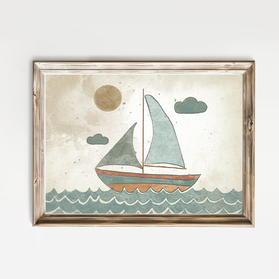 Sailboat Ocean Waves Vintage Nursery Illustration Kids Room Poster