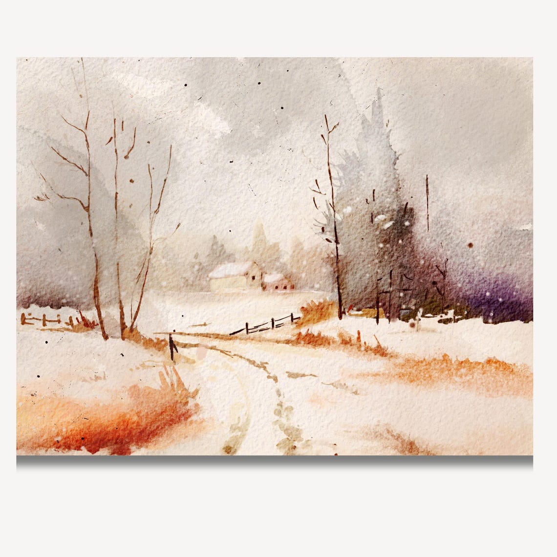Snowy Winter Farmhouse Path Through Misty Valley Watercolor Poster - Image 2