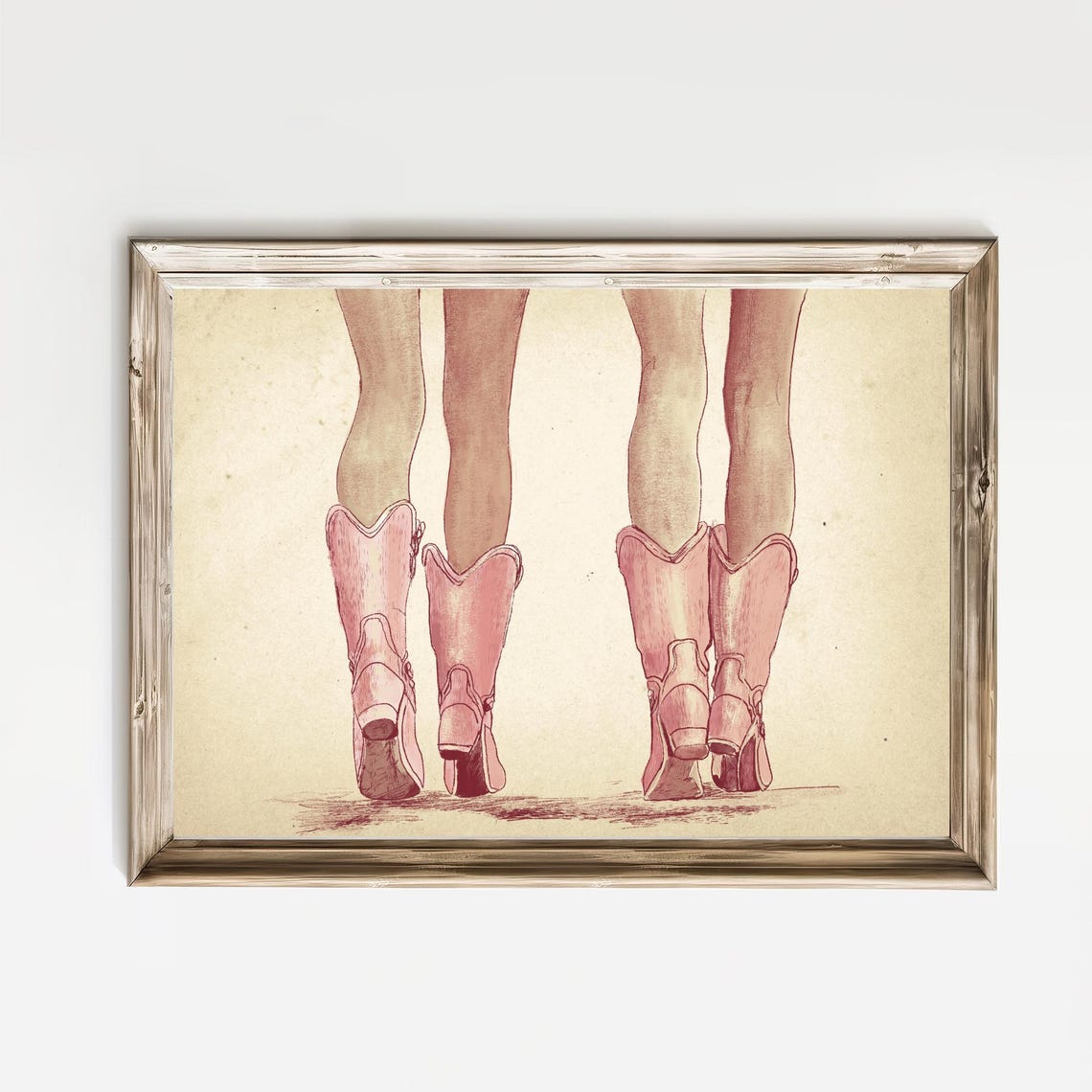 Pink Cowgirl Boots Walking Away Western Sketch Decor Wall Art