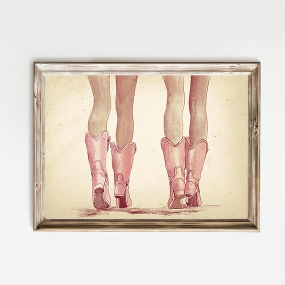 Pink Cowgirl Boots Walking Away Western Sketch Decor Wall Art