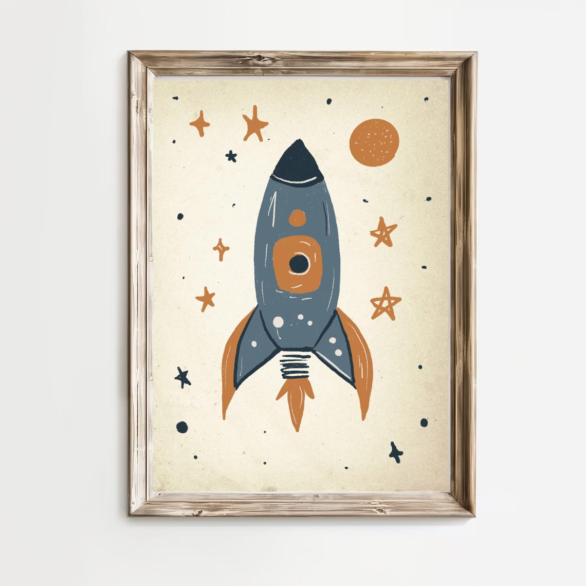 Vintage Blue Rocket Ship With Orange Sun Nursery Space Room Poster