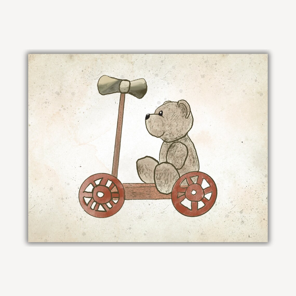 Teddy Bear Riding Vintage Wooden Toy Scooter Nursery Art Poster - Image 2