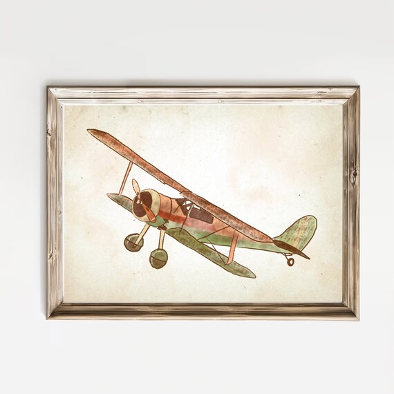 Watercolor Vintage Biplane Sketch Rustic Nursery Aviation Print