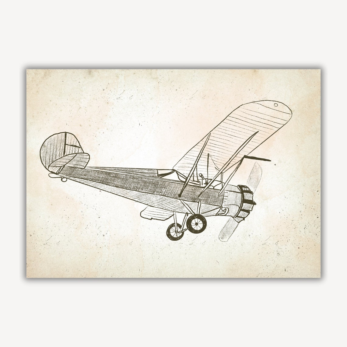 Vintage Biplane Airplane Pencil Sketch Boys Room Decor Wall Art - Image 2
