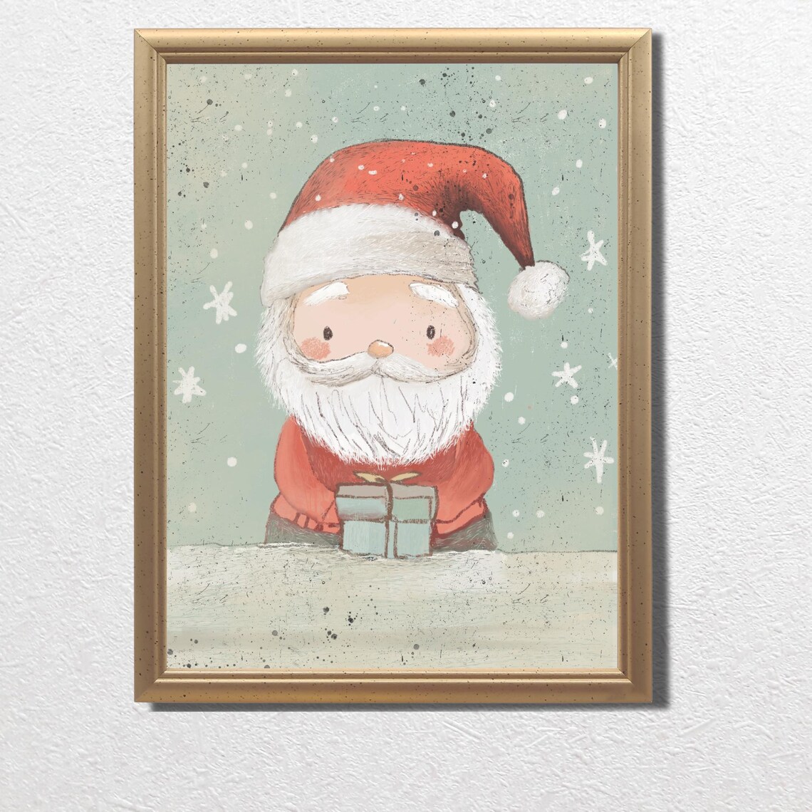 Watercolor Santa Holding Gift in Snowfall Christmas Art Print - Image 3