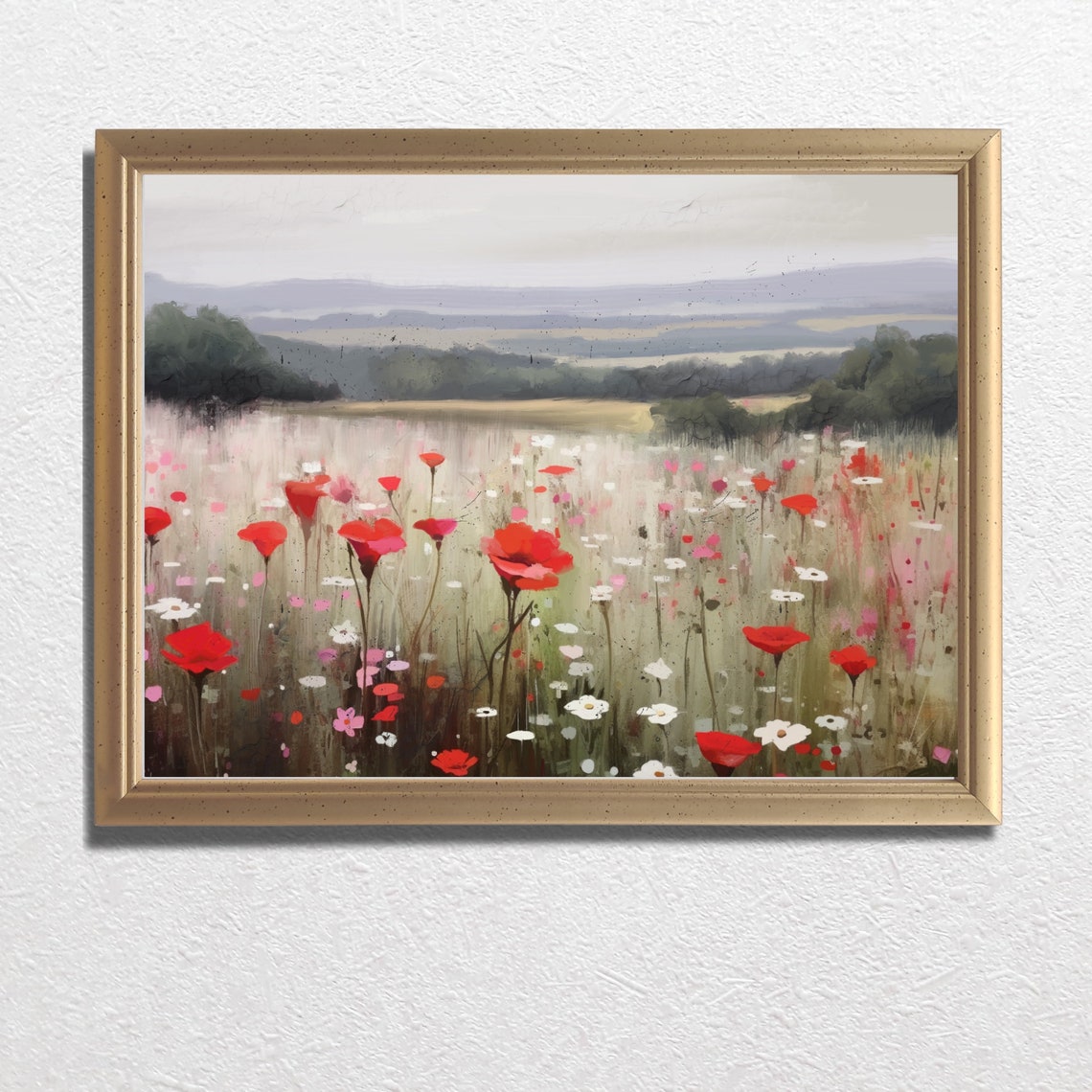 Poppy Field Wildflower Field Oil Landscape Painting Vintage Art Print Autumn Farmhouse Print Neutral Wall Art - Image 3