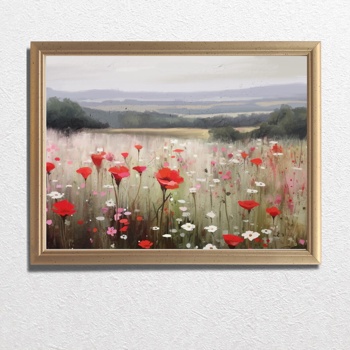 Red Poppy Wildflower Meadow Oil Painting Landscape Art Poster - Image 3
