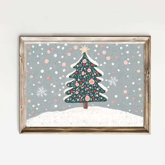 Snowy Christmas Tree Pink Ornaments Star Kids Holiday Winter Print