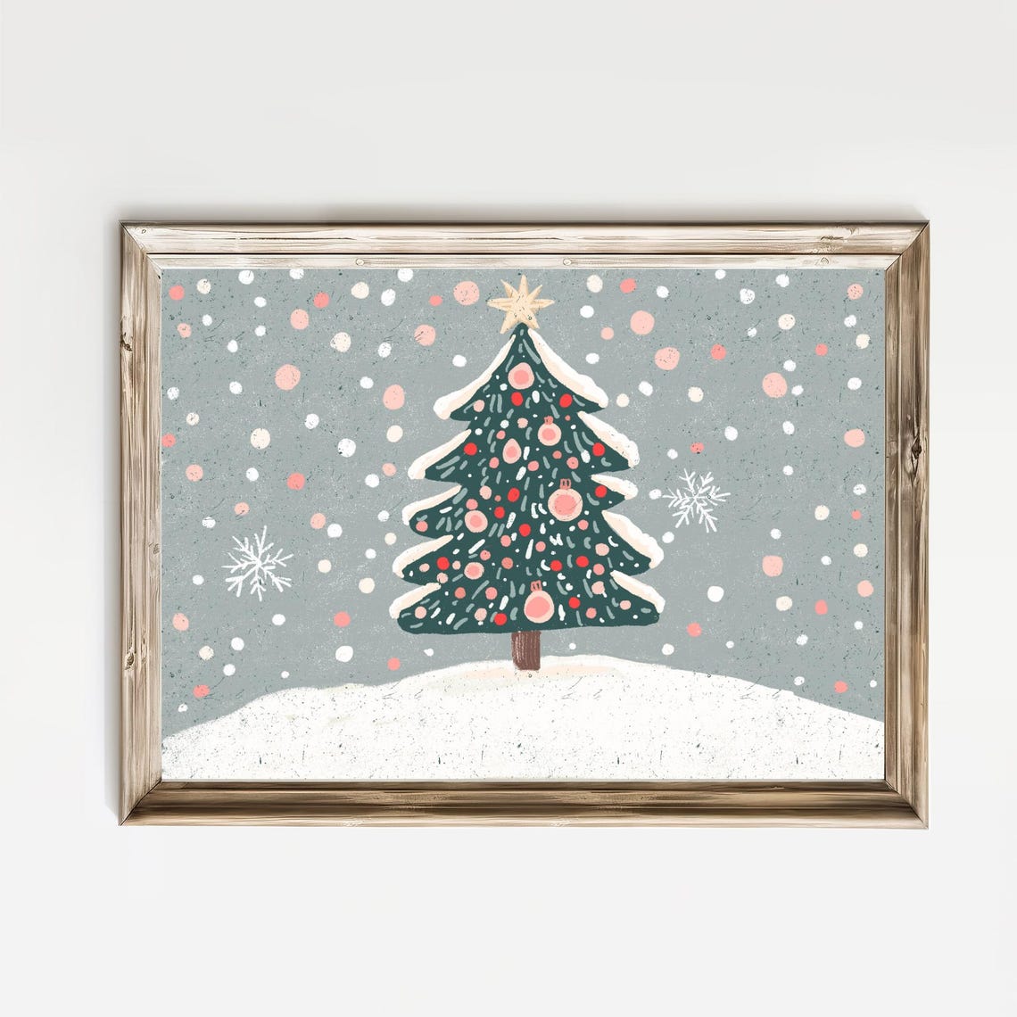 Snowy Christmas Tree Pink Ornaments Star Kids Holiday Winter Print