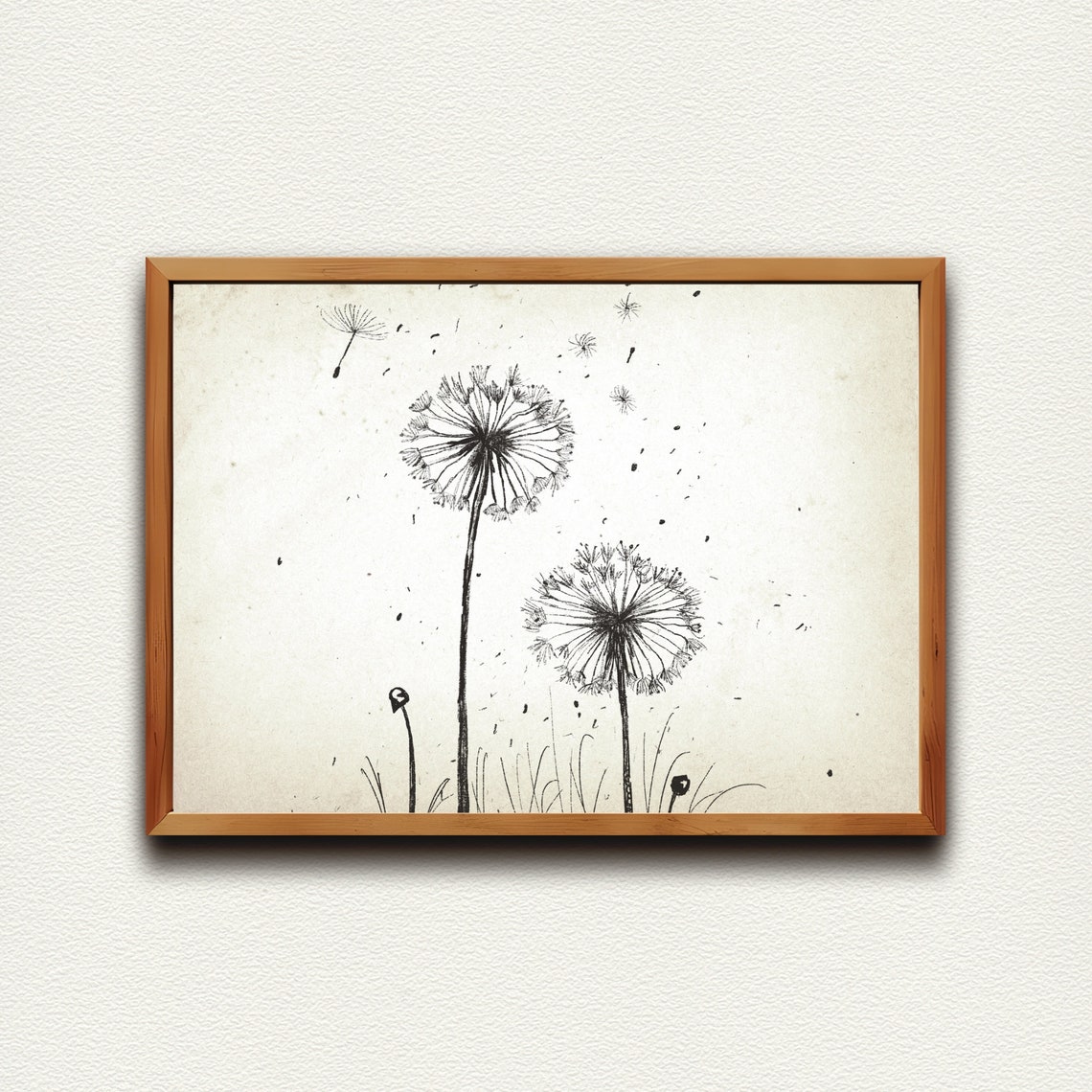 Dandelion Seed Heads Blowing in the Wind Vintage Ink Art Poster