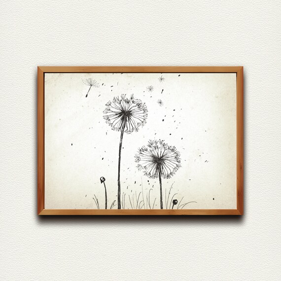 Dandelion Seed Heads Blowing in the Wind Vintage Ink Art Poster