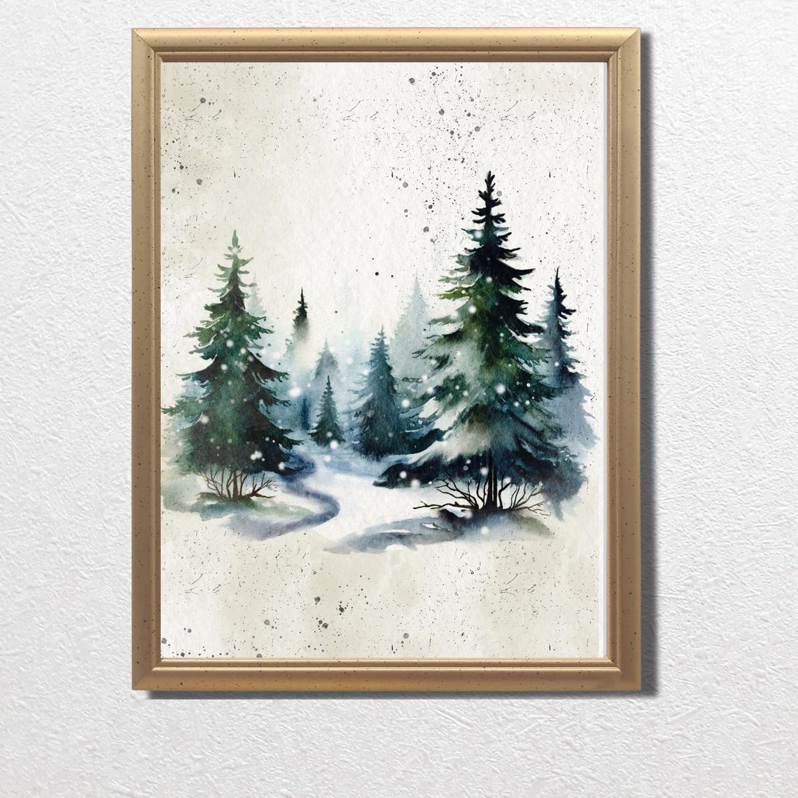 Snowy Pine Forest Watercolor Misty Winter Night Landscape Poster - Image 3