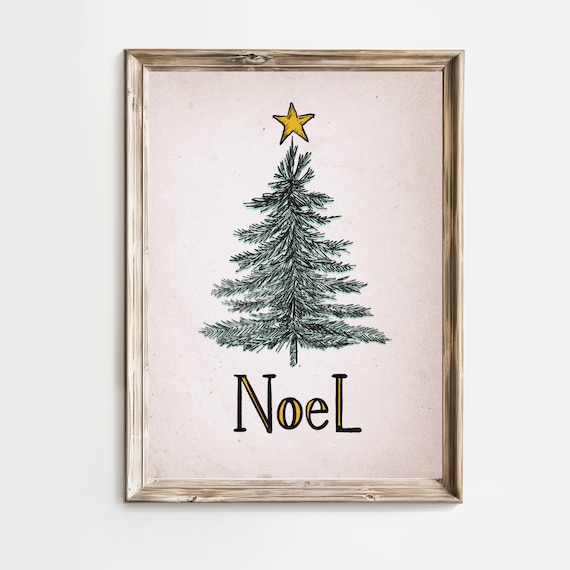 Noel Christmas Tree Sketch With Gold Star In Vintage Style Poster