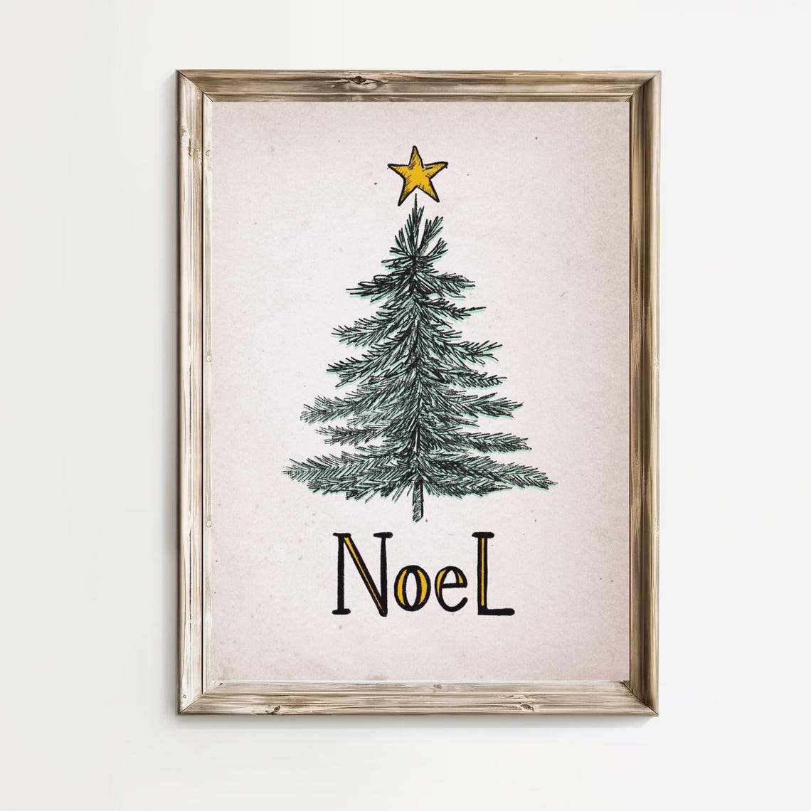 Noel Christmas Tree Sketch With Gold Star In Vintage Style Poster