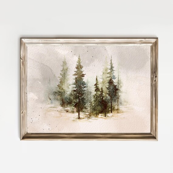 Snow Dusted Pine Tree Forest Vintage Winter Watercolor Poster