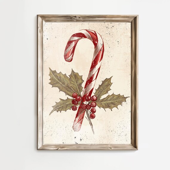 Vintage Candy Cane With Holly Leaves Red Berries Christmas Poster