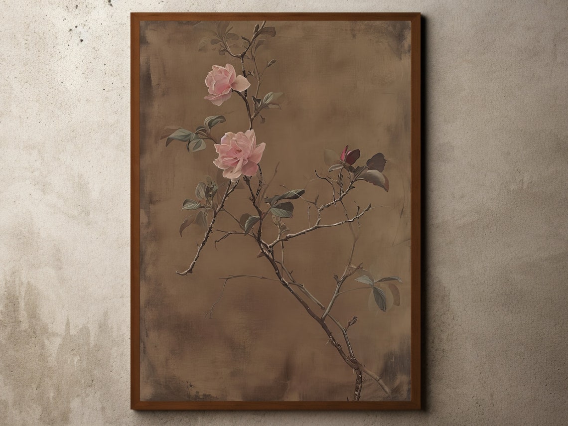 Vintage Pink Roses Botanical Art Print with Antique Floral Charm