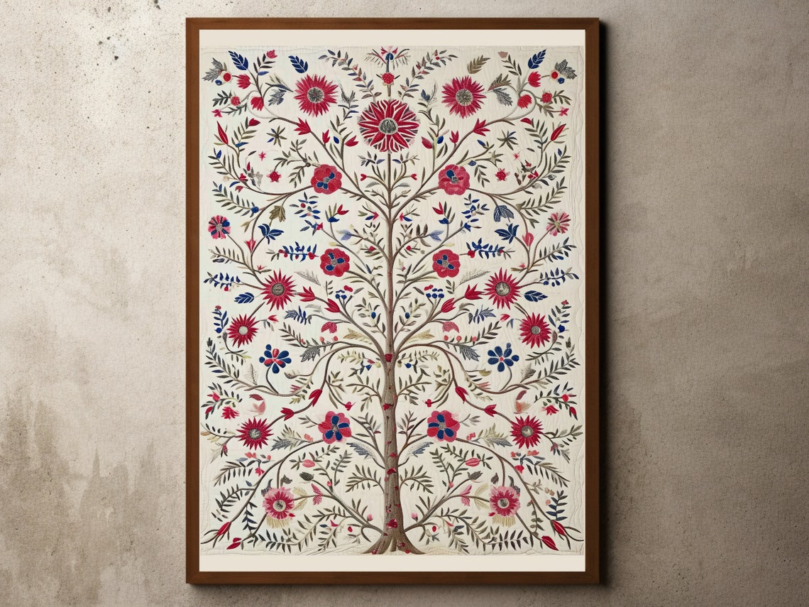 Vintage Tree of Life Floral Tapestry Rustic Antique Textile Art Poster