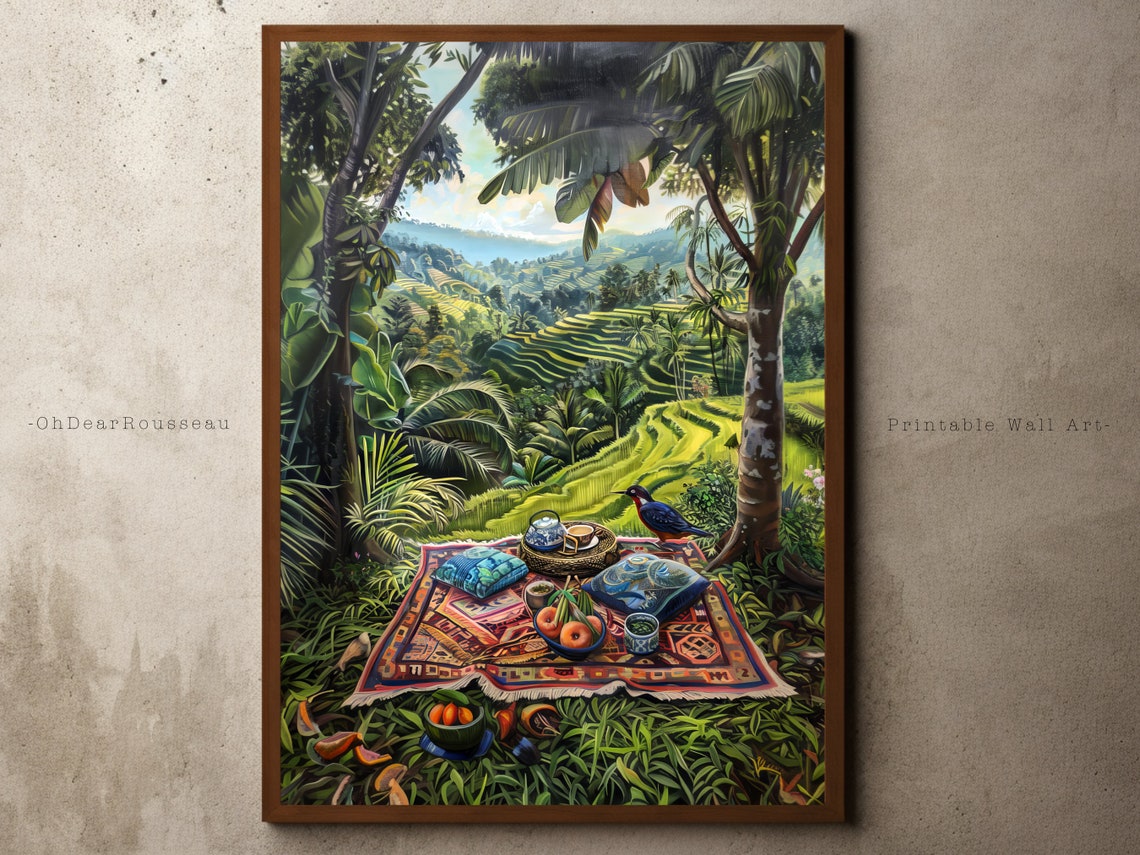 Tropical Jungle Picnic Overlooking Rice Terraces Travel Poster