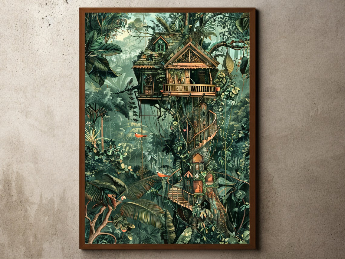 Moody Jungle Treehouse at Night Spiral Staircase Whimsical Poster