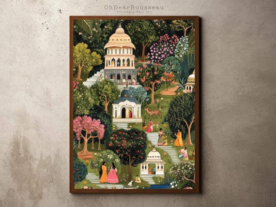 Miniature Art Print Serene Forest Temple Scene Rajasthani Mughal Painting Hindu Spiritual Wall Decor Nature Wildlife
