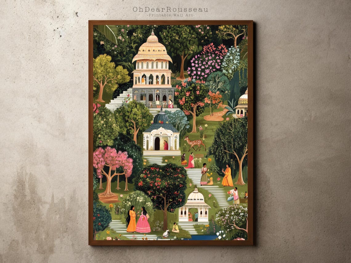 Rajasthani Forest Temple Garden Mughal Miniature Style Art Poster