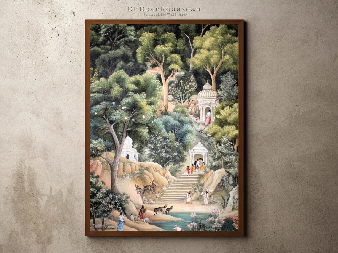 Rajasthani Mughal Style Forest Temple Miniature Artwork Poster