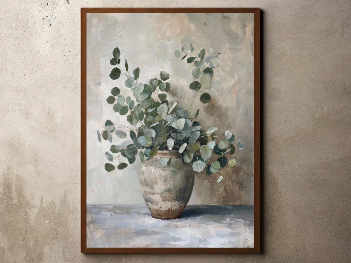 Vintage Eucalyptus Still Life Painting In Ornate Blue Vase Poster