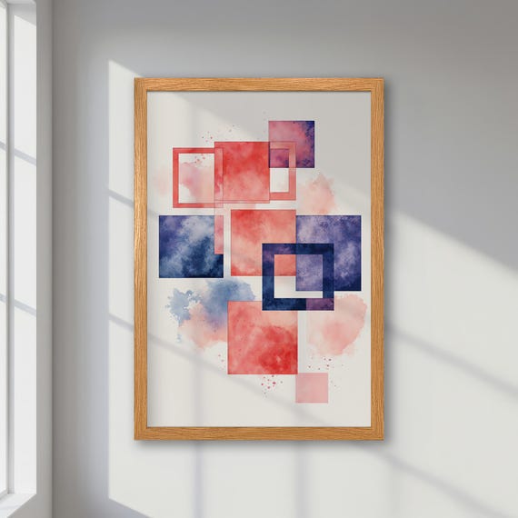 Framed Abstract Poster Trendy Pastel Geometric Art In Pink Blue And Red Minimalist Contemporary Decor Stylish Wall Art Creative Gift