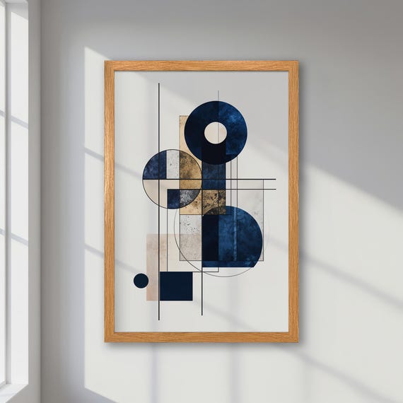 Modern Minimalist Framed Abstract Poster Contemporary Blue Gold Beige Geometric Art Sleek Print Office Wall Art Decor Gift For Him
