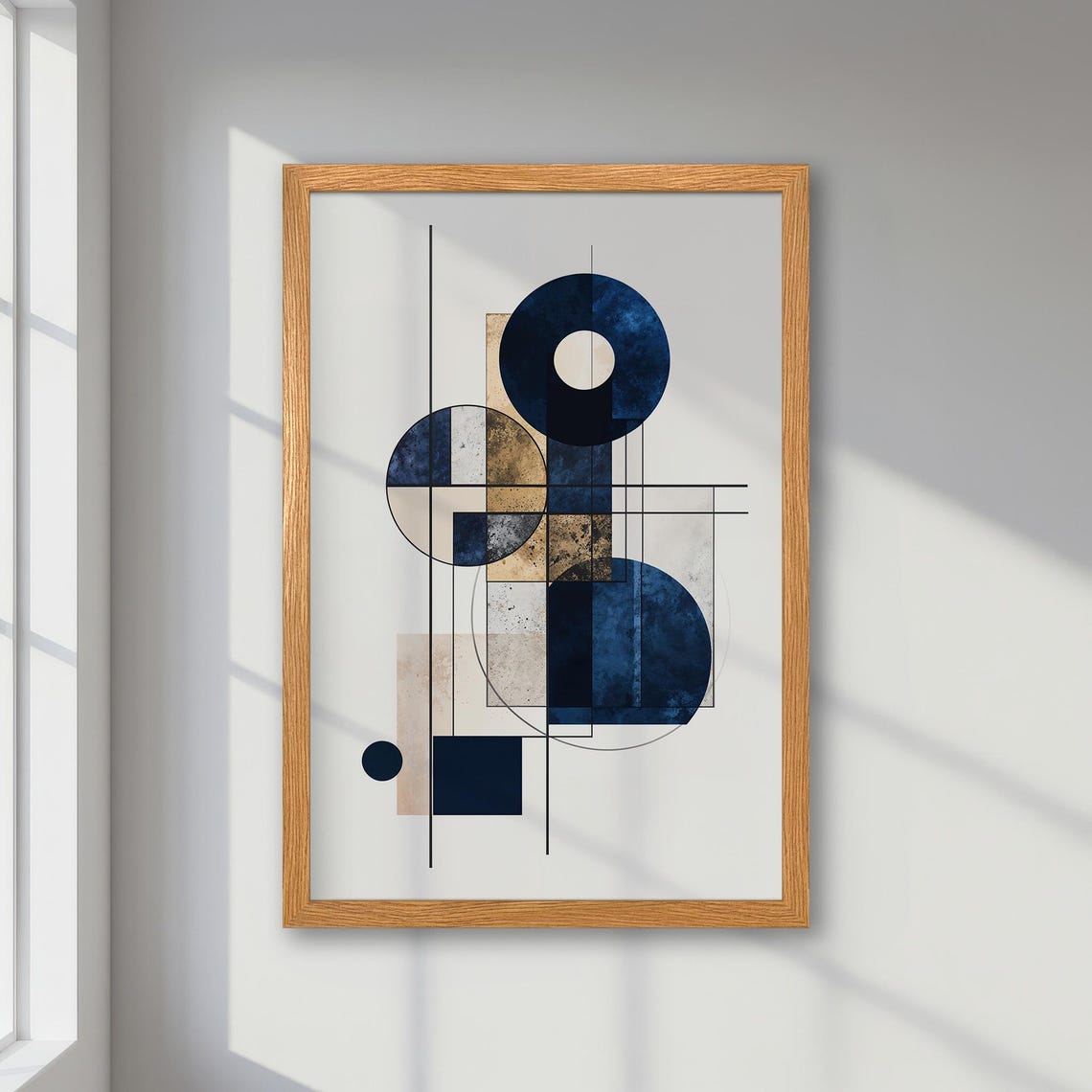 Modern Minimalist Framed Abstract Poster Contemporary Blue Gold Beige Geometric Art Sleek Print Office Wall Art Decor Gift For Him