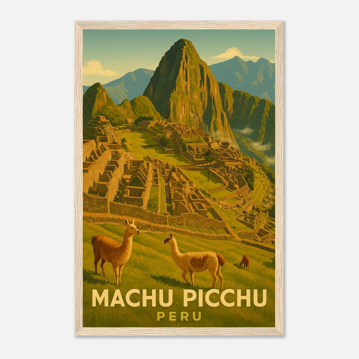 Machu Picchu Andes Ruins Inca Citadel Llama Vintage Travel Poster