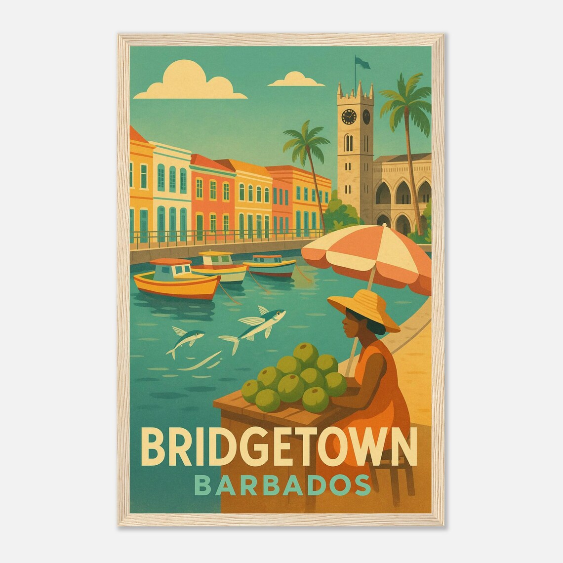 Bridgetown Barbados Waterfront Harbor Market Vintage Travel Poster