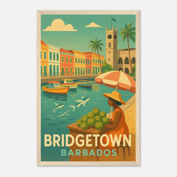 Bridgetown Barbados Vintage Travel Poster Caribbean Wall Art Flying Fish And Market Scene Print Tropical