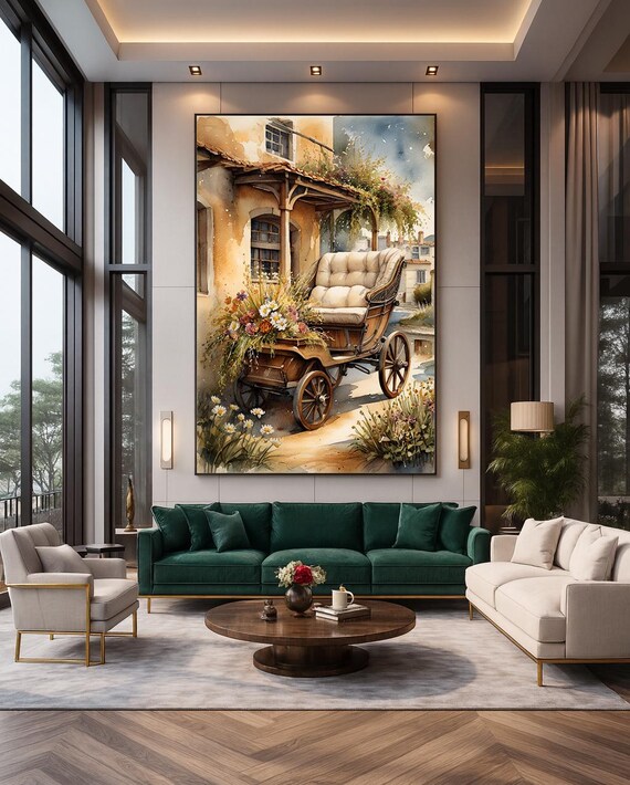 Rustic Wooden Flower Carriage Watercolor Cottage Vintage Style Poster