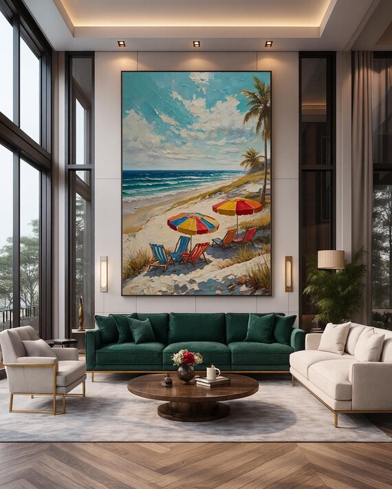 Sunny Beach Umbrellas Deck Chairs Palm Impasto Oil Painting Coastal Print