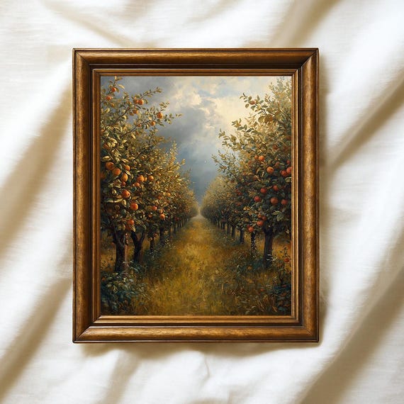 Golden Orchard Path Fruit Trees Autumn Countryside Oil Painting Poster