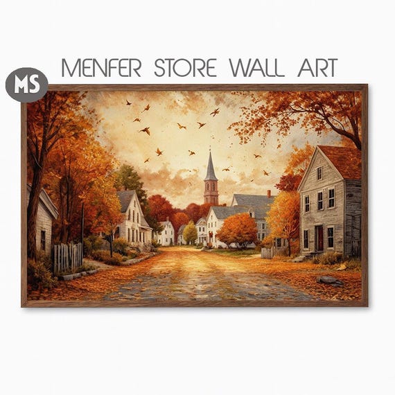 Charming Autumn Village Street Fall Foliage New England Wall Art