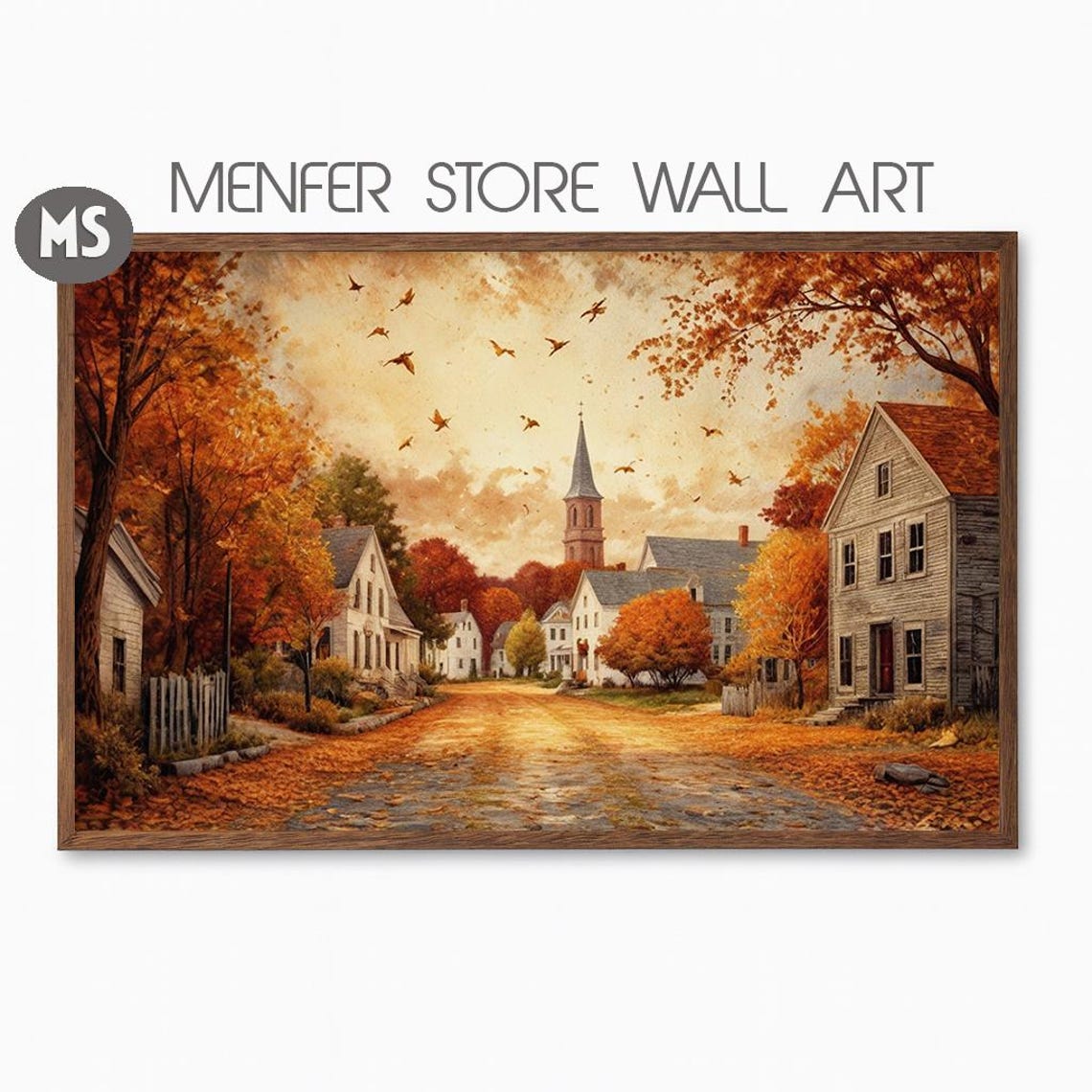 Charming Autumn Village Street Fall Foliage New England Wall Art